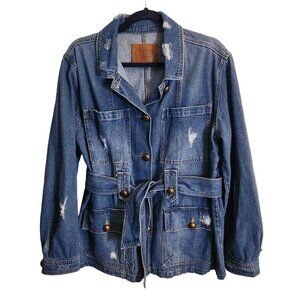 Boom Boom Jeans Distressed Retro Bold Button Belted Jean Jacket Size L